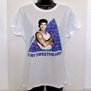 SAVED BY THE BELL x ripple junction AC Slater Women's Scoop Neck White Tee Sz L